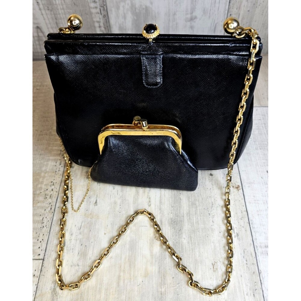 Vintage Koret Black Genuine Leather Clutch Gold Chain Coin Purse Handbag